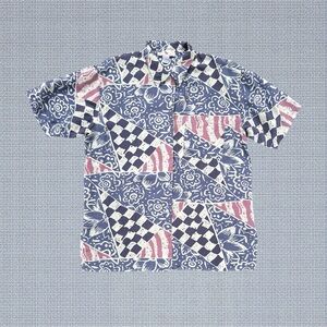 Vintage 90s Stunt Collections Blue Silk Abstract Floral Tropical Surfer Shirt